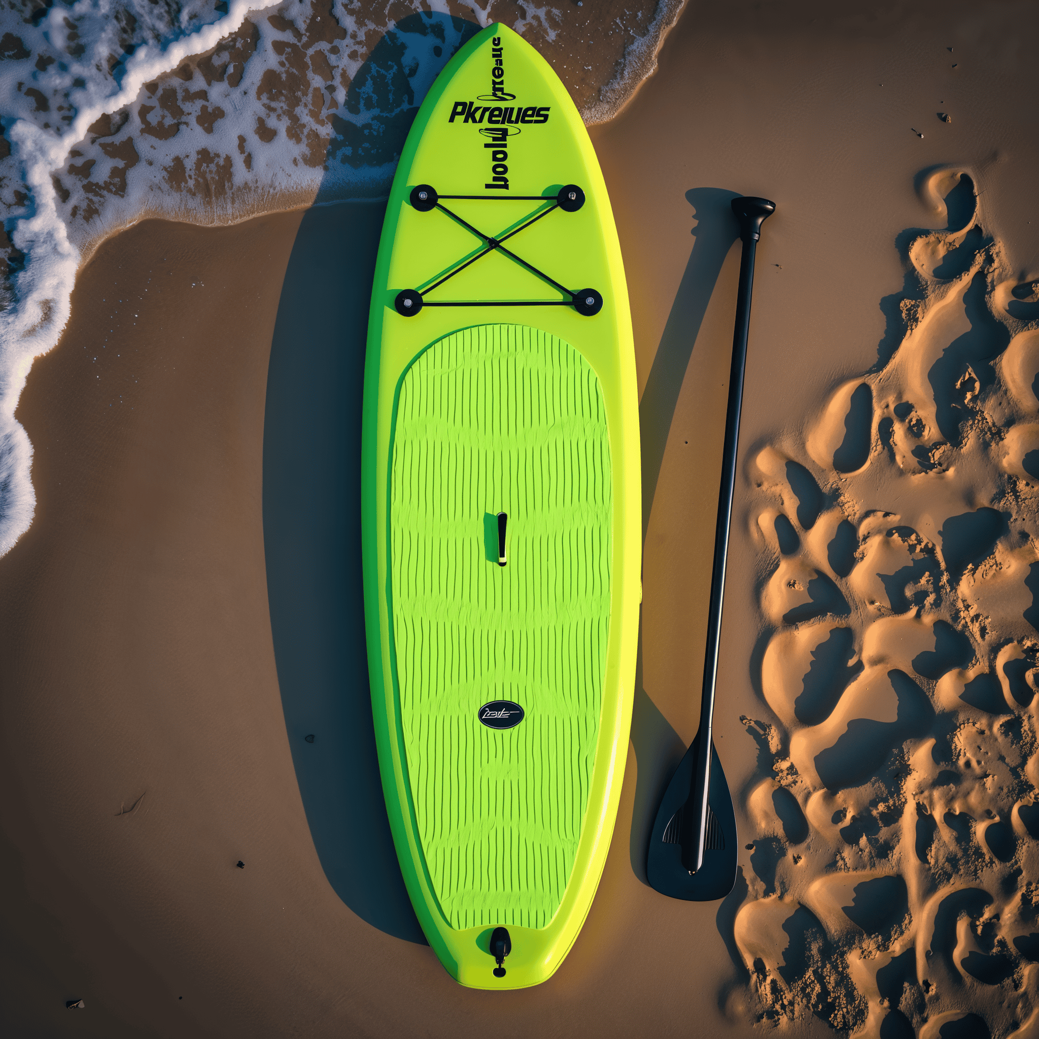 Deska paddleboardowa na piasku z wiosłem, idealna do sportów wodnych i relaksu na plaży.