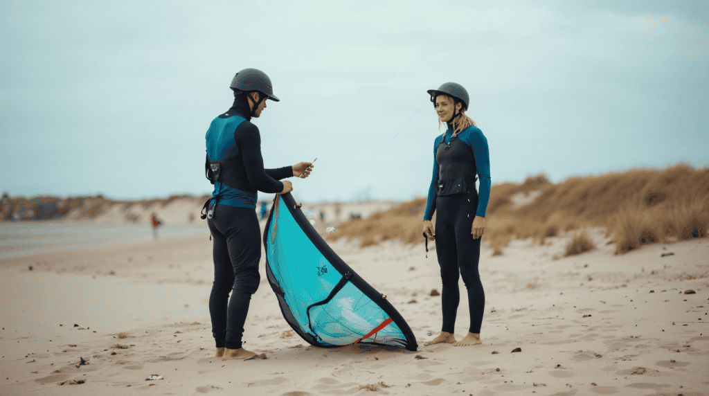 Osoby przygotowujące sprzęt do kitesurfingu na plaży, nauka i bezpieczeństwo.