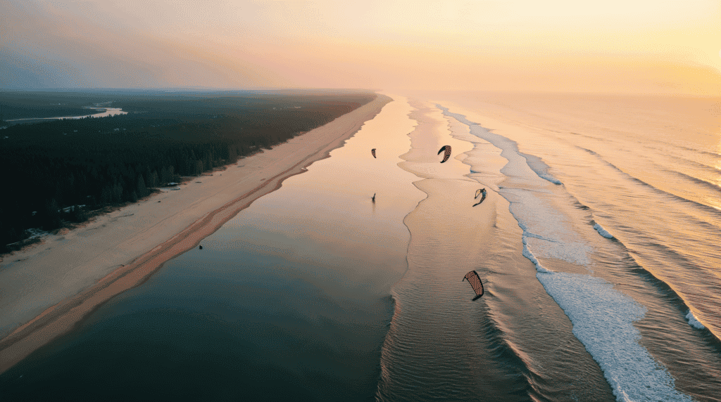 Kitesurfing na polskim wybrzeżu, idealny dla każdego poziomu, z pięknym zachodem słońca i szeroką pl.