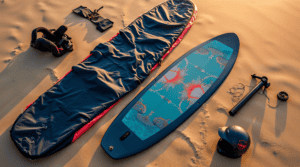 Deska kitesurfingowa z akcesoriami na plaży.