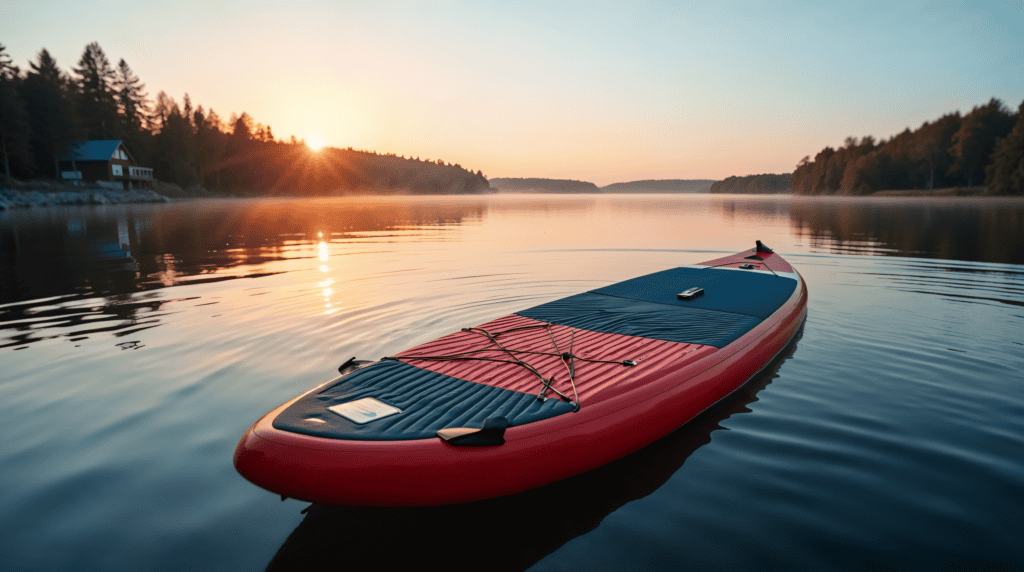 Deska SUP Red Paddle Co na spokojnym jeziorze o zachodzie słońca.