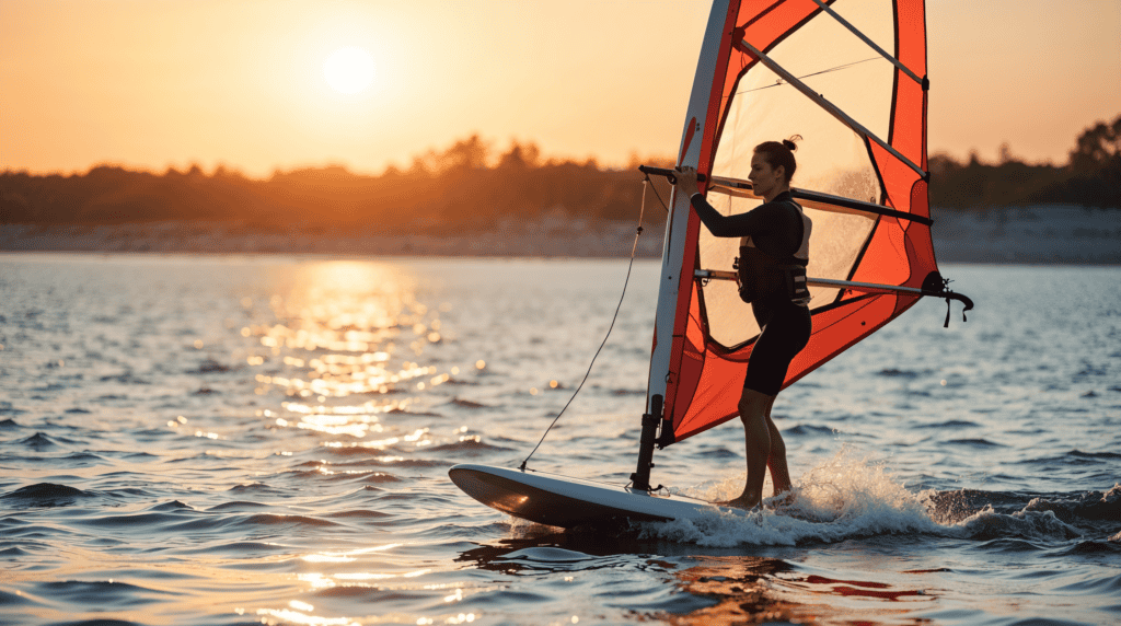 Windsurfing na jeziorze podczas zachodu słońca, idealny moment na naukę i relaks na wodzie.