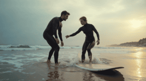 Para początkujących surferów uczących się na plaży podczas zachodu słońca.